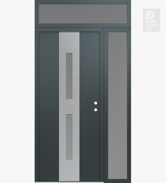 Modern Steel Front Door DIAMOND A6 52" X 96" ANTHRACITE/ANTHRACITE FROSTED GLASS PANEL STAINLESS STEEL LHI WITH SIDELITE AND TRANSOM FROSTED GLASS