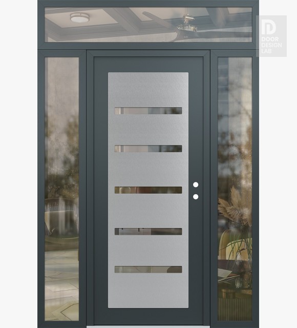 Modern Steel Front Door Diamond C7 68" x 96" anthracite/anthracite clear Glass Panel stainless steel LHI with 2 Sidelites and Transom clear Glass