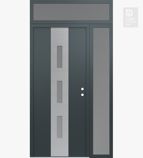 Modern Steel Front Door DIAMOND A7 52" X 96" ANTHRACITE/ANTHRACITE FROSTED GLASS PANEL STAINLESS STEEL LHI WITH SIDELITE AND TRANSOM FROSTED GLASS