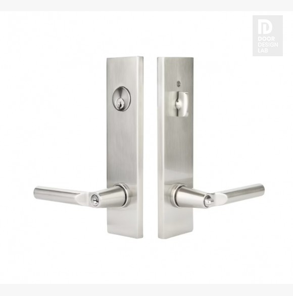 EMTEK MODERN RECTANGULAR TWO-POINT, DUMMY, PAIR WITH HANOVER LEVERS 5312 SINGLE CYLINDER SATIN NICKEL US15 for Steel Front Doors