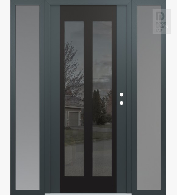 Modern Steel Front Door Diamond C14 64" x 80" anthracite/anthracite mirrored Glass Panel black LHI with 2 Sidelites frosted Glass