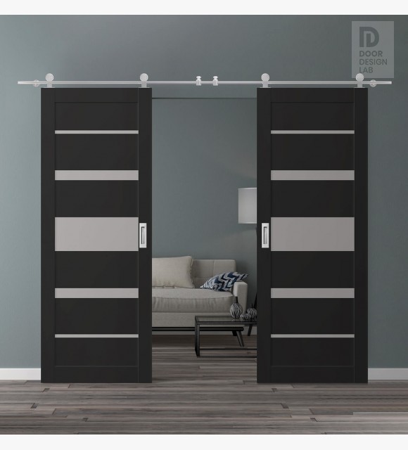 DOUBLE BARN DOOR AVON 07-03 VETRO BLACK MATTE 72" X 96" X 1 3/4" STAINLESS STEEL HARDWARE