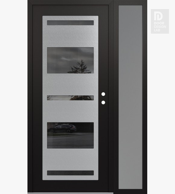 Modern Steel Front Door Diamond C10 50" x 80" black/black mirrored Glass Panel stainless steel LHI with Sidelite frosted Glass