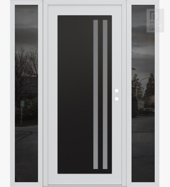Modern Steel Front Door Diamond C6 64" x 80" white/white frosted Glass Panel black LHI with 2 Sidelites mirrored Glass