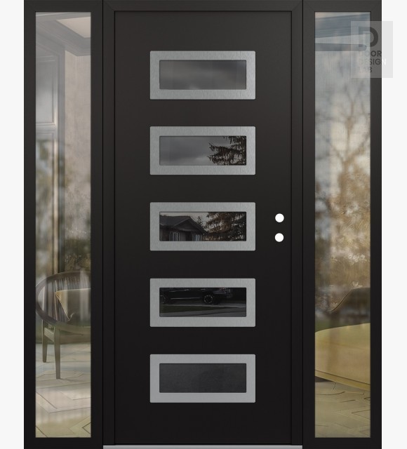 Modern Steel Front Door Diamond D1 68" x 80" black/black mirrored Glass Panel stainless steel LHI with 2 Sidelites clear Glass