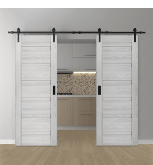 DOUBLE BARN DOOR LOUVER RIBEIRA ASH 48" X 84" X 1 3/4" BLACK HARDWARE