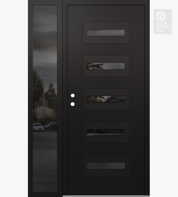 Modern Steel Front Door Diamond D4 50" x 80" black/black mirrored Glass Panel black RHI with Sidelite mirrored Glass