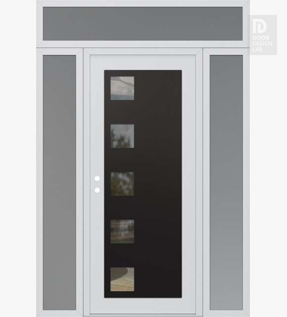 Modern Steel Front Door Diamond C5 60" x 96" white/white clear Glass Panel black RHI with 2 Sidelites and Transom frosted Glass