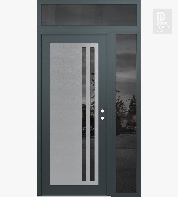 Modern Steel Front Door Diamond C6 48" x 96" anthracite/anthracite mirrored Glass Panel stainless steel LHI with Sidelite and Transom mirrored Glass