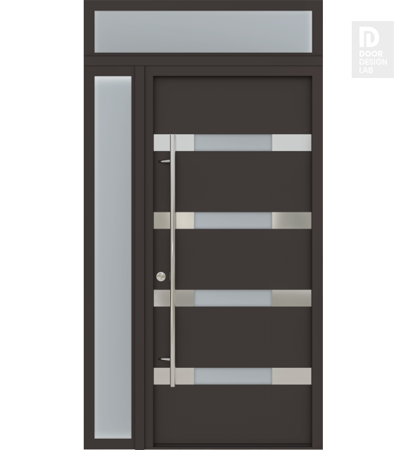 MODERN FRONT STEEL DOOR AURA BROWN/WHITE 49 1/4" X 95 11/16" RHI + SIDELITE LEFT/TRANSOM