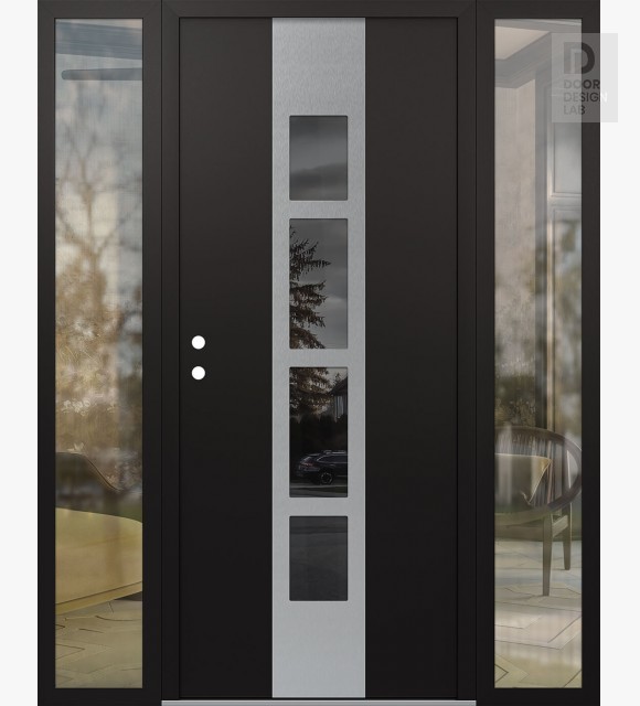 Modern Steel Front Door DIAMOND A10 68" X 80" BLACK/BLACK MIRRORED GLASS PANEL STAINLESS STEEL RHI WITH 2 SIDELITES CLEAR GLASS