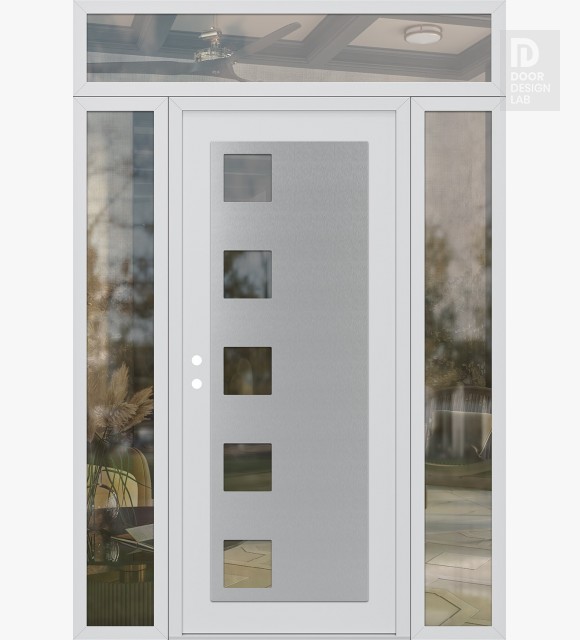 Modern Steel Front Door Diamond C5 68" x 96" white/white clear Glass Panel stainless steel RHI with 2 Sidelites and Transom clear Glass