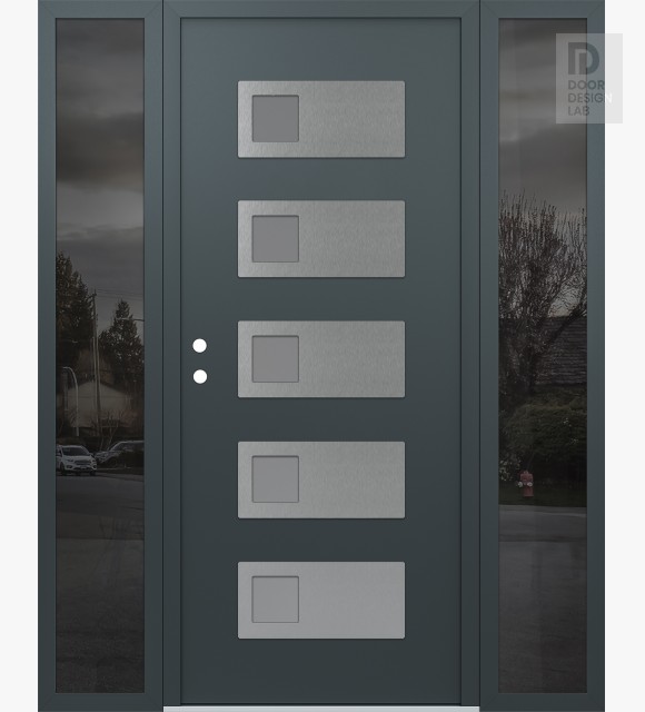 Modern Steel Front Door Diamond D2 64" x 80" anthracite/anthracite frosted Glass Panel stainless steel RHI with 2 Sidelites mirrored Glass