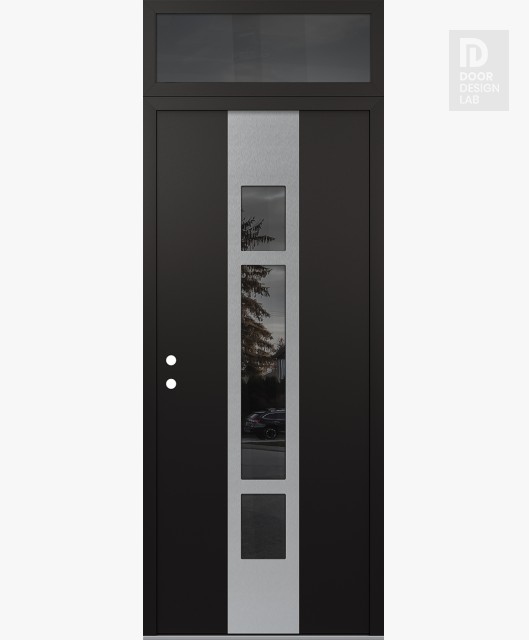 Modern Steel Front Door DIAMOND A9 36" X 96" BLACK/BLACK MIRRORED GLASS PANEL STAINLESS STEEL RHI WITH TRANSOM MIRRORED GLASS