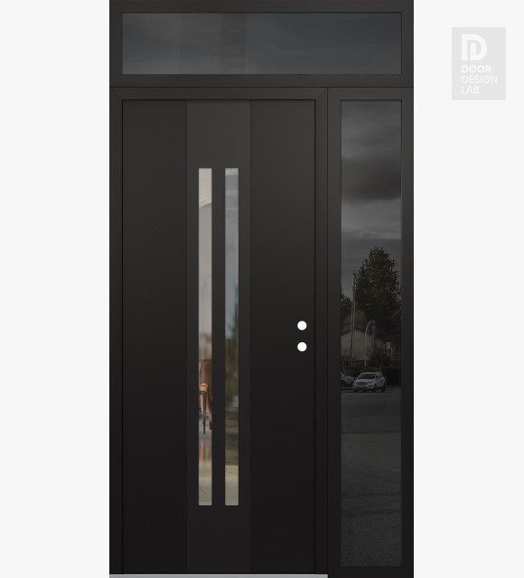 Modern Steel Front Door DIAMOND A8 50" X 96" BLACK/BLACK CLEAR GLASS PANEL BLACK LHI WITH SIDELITE AND TRANSOM MIRRORED GLASS