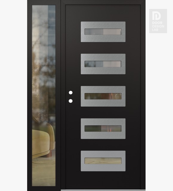 Modern Steel Front Door Diamond D4 48" x 80" black/black clear Glass Panel stainless steel RHI with Sidelite clear Glass