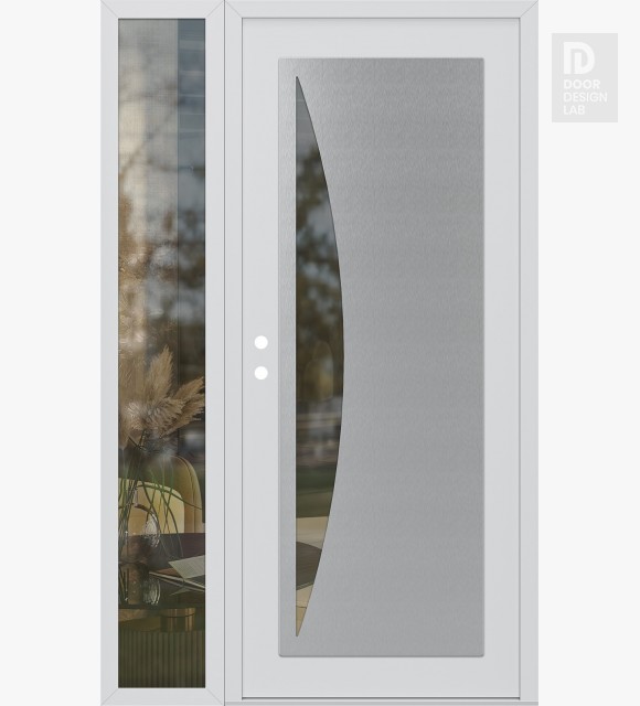 Modern Steel Front Door Diamond C13 52" x 80" white/white clear Glass Panel stainless steel RHI with Sidelite clear Glass