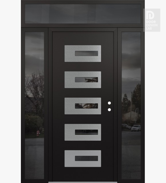 Modern Steel Front Door Diamond D6 68" x 96" black/black mirrored Glass Panel stainless steel LHI with 2 Sidelites and Transom mirrored Glass