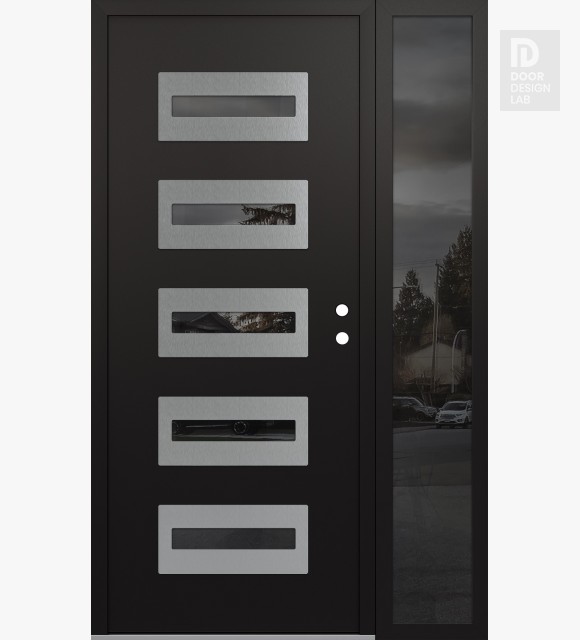Modern Steel Front Door Diamond D4 48" x 80" black/black mirrored Glass Panel stainless steel LHI with Sidelite mirrored Glass