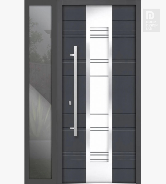 Front Exterior Prehung Steel Door / Deux 0757 Gray Graphite / Side Exterior Window / Stainless Inserts Single Modern Painted-W36+16" x H80"-Right-hand Inswing