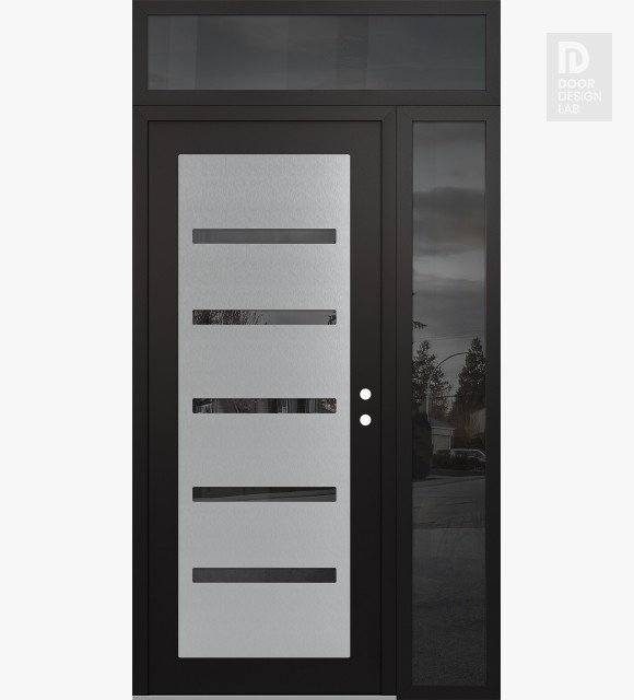 Modern Steel Front Door Diamond C7 48" x 96" black/black mirrored Glass Panel stainless steel LHI with Sidelite and Transom mirrored Glass