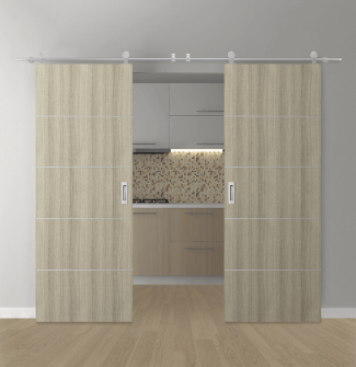 DOUBLE BARN DOOR OPTIMA 4H SHAMBOR 36" X 80" X 1 3/4" SOLID CORE STAINLESS STEEL HARDWARE