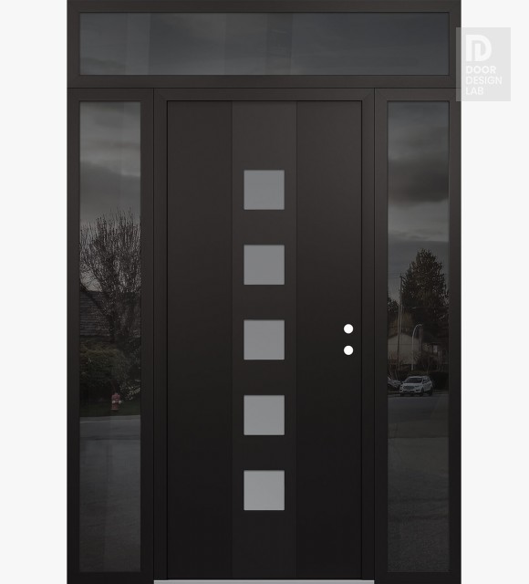 Modern Steel Front Door DIAMOND A13 60" X 96" BLACK/WHITE FROSTED GLASS PANEL BLACK LHI WITH 2 SIDELITES AND TRANSOM MIRRORED GLASS