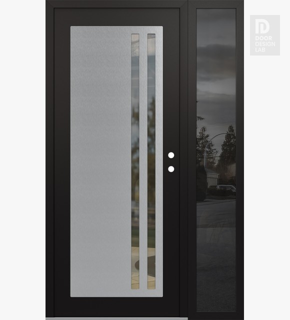 Modern Steel Front Door Diamond C6 48" x 80" black/black clear Glass Panel stainless steel LHI with Sidelite mirrored Glass