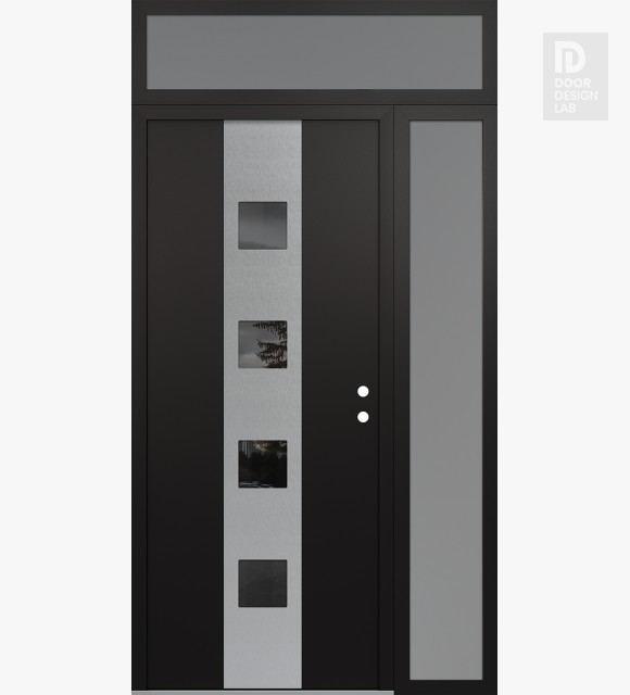 Modern Steel Front Door DIAMOND A12 52" X 96" BLACK/BLACK MIRRORED GLASS PANEL STAINLESS STEEL LHI WITH SIDELITE AND TRANSOM FROSTED GLASS