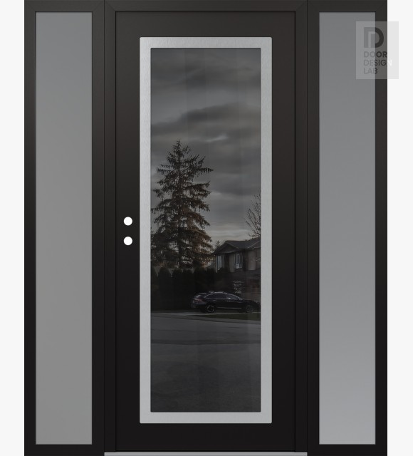 Modern Steel Front Door Diamond C1 64" x 80" black/black mirrored Glass Panel stainless steel RHI with 2 Sidelites frosted Glass