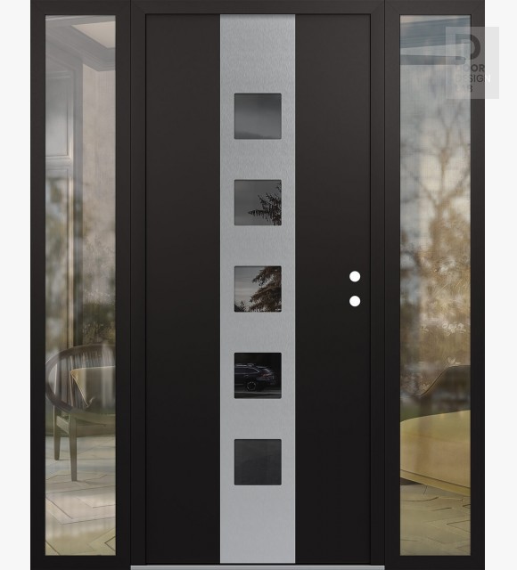 Modern Steel Front Door DIAMOND A13 60" X 80" BLACK/BLACK MIRRORED GLASS PANEL STAINLESS STEEL LHI WITH 2 SIDELITES CLEAR GLASS