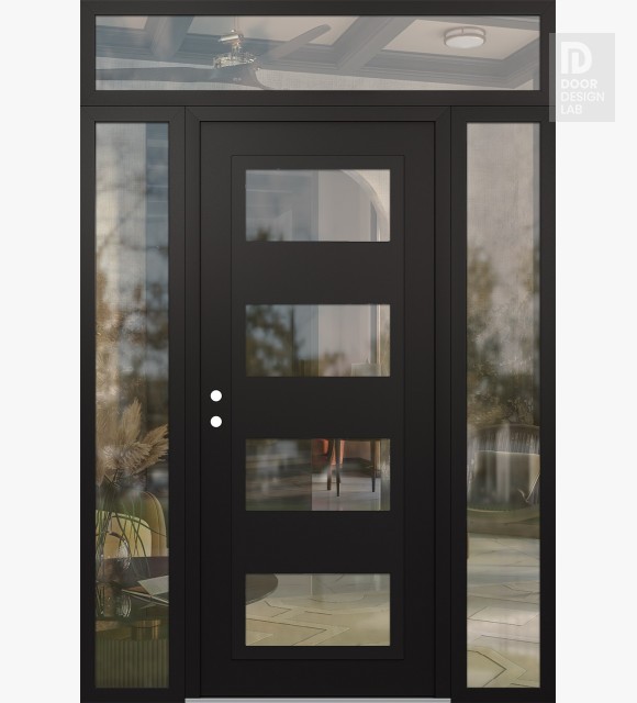Modern Steel Front Door Diamond C2 64" x 96" black/black clear Glass Panel black RHI with 2 Sidelites and Transom clear Glass