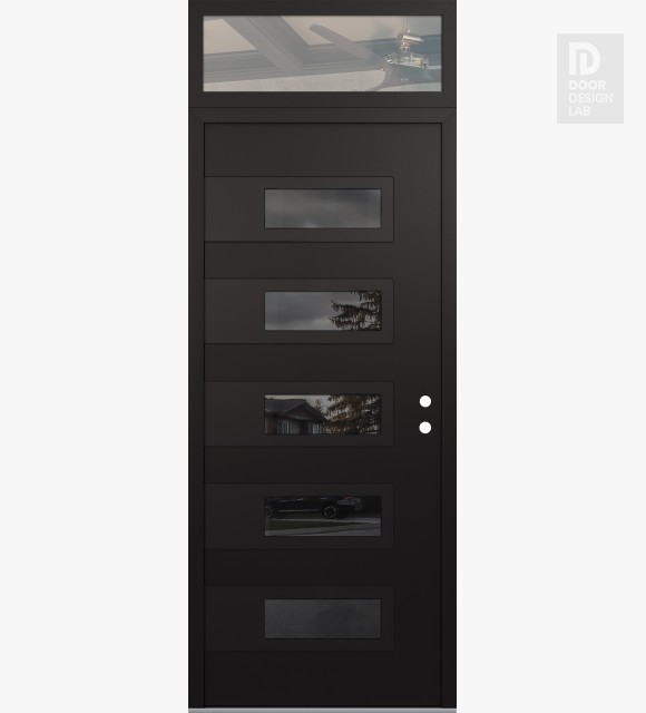 Modern Steel Front Door Diamond D3 36" x 96" black/black mirrored Glass Panel black LHI with Transom clear Glass