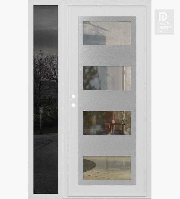 Modern Steel Front Door Diamond C2 52" x 80" white/white clear Glass Panel stainless steel RHI with Sidelite mirrored Glass