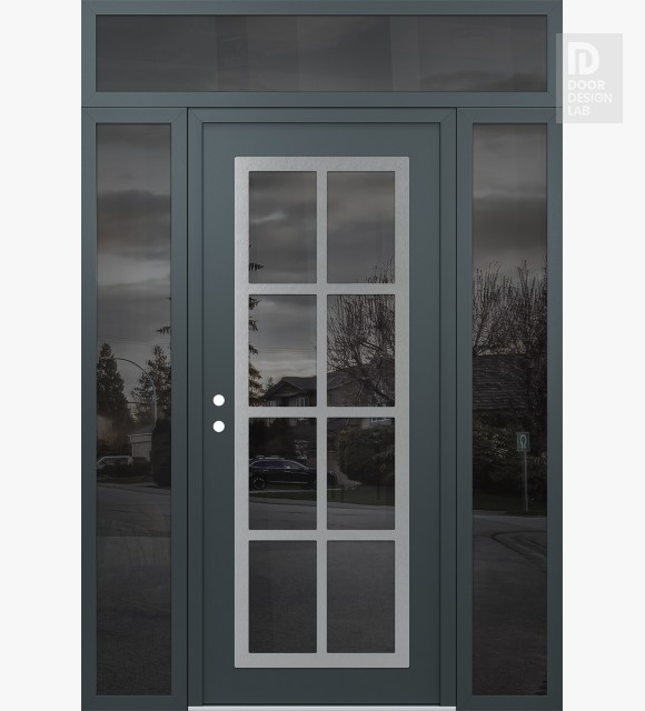 Modern Steel Front Door Diamond C16 68" x 96" anthracite/anthracite mirrored Glass Panel stainless steel RHI with 2 Sidelites and Transom mirrored Glass