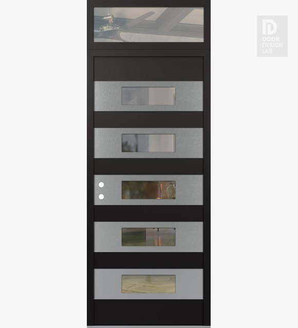 Modern Steel Front Door Diamond D5 36" x 96" black/black clear Glass Panel stainless steel RHI with Transom clear Glass