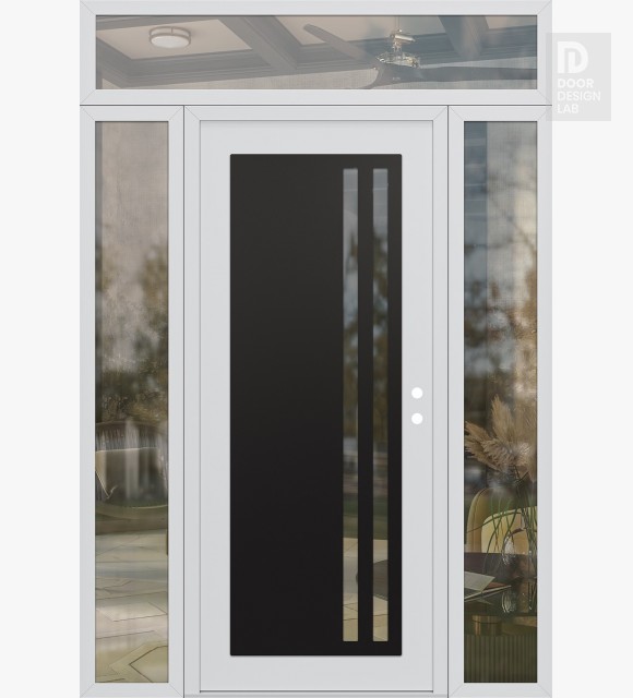 Modern Steel Front Door Diamond C6 60" x 96" white/white clear Glass Panel black LHI with 2 Sidelites and Transom clear Glass