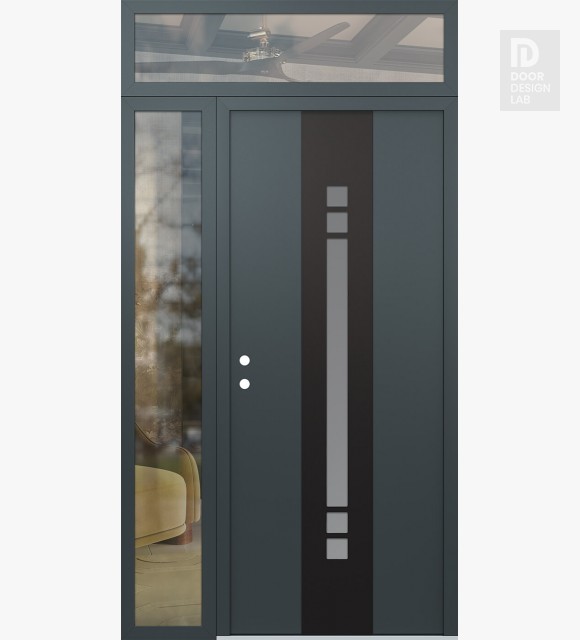 Modern Steel Front Door DIAMOND A4 52" X 96" ANTHRACITE/ANTHRACITE FROSTED GLASS PANEL BLACK RHI WITH SIDELITE AND TRANSOM CLEAR GLASS