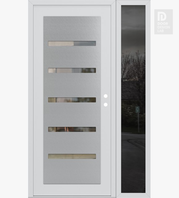 Modern Steel Front Door Diamond C7 50" x 80" white/white clear Glass Panel stainless steel LHI with Sidelite mirrored Glass