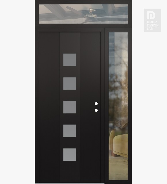 Modern Steel Front Door DIAMOND A13 50" X 96" BLACK/WHITE FROSTED GLASS PANEL BLACK LHI WITH SIDELITE AND TRANSOM CLEAR GLASS