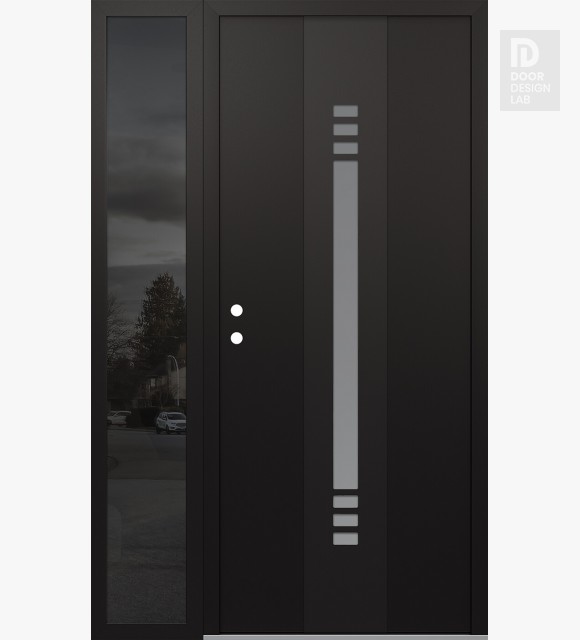 Modern Steel Front Door DIAMOND A5 48" X 80" BLACK/WHITE FROSTED GLASS PANEL BLACK RHI WITH SIDELITE MIRRORED GLASS