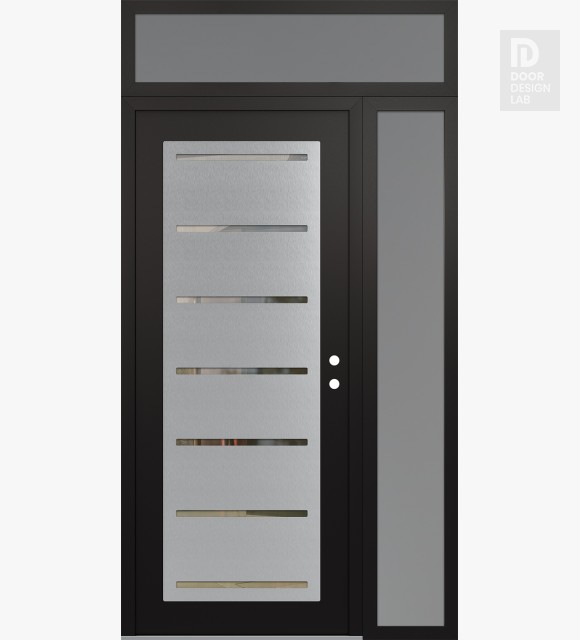 Modern Steel Front Door Diamond C11 50" x 96" black/black clear Glass Panel stainless steel LHI with Sidelite and Transom frosted Glass