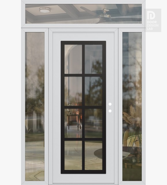 Modern Steel Front Door Diamond C16 68" x 96" white/white clear Glass Panel black LHI with 2 Sidelites and Transom clear Glass