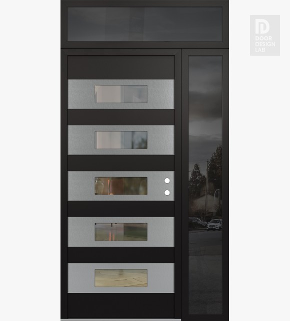Modern Steel Front Door Diamond D5 50" x 96" black/black clear Glass Panel stainless steel LHI with Sidelite and Transom mirrored Glass