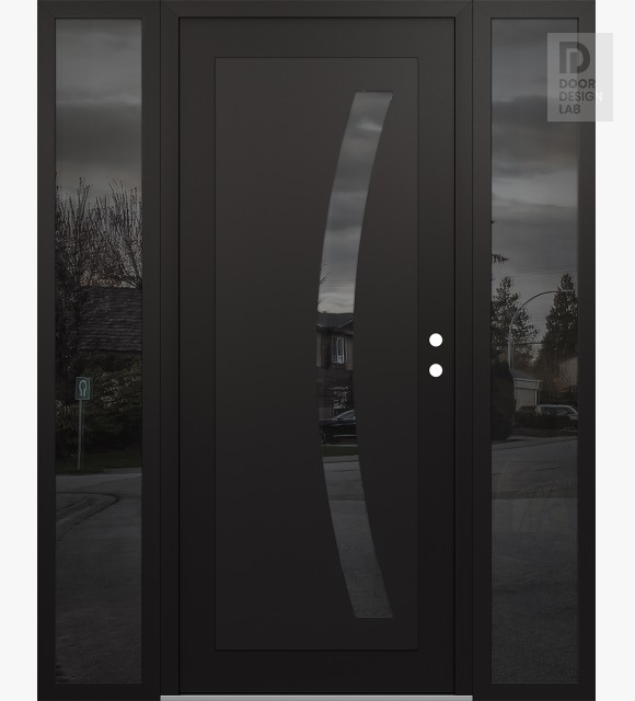Modern Steel Front Door Diamond C4 68" x 80" black/black mirrored Glass Panel black LHI with 2 Sidelites mirrored Glass