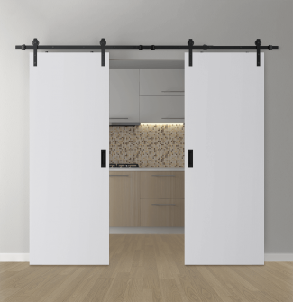 DOUBLE BARN DOOR PALLADIO BIANCO NOBLE 56" X 80" X 1 9/16" SOLID CORE BLACK HARDWARE
