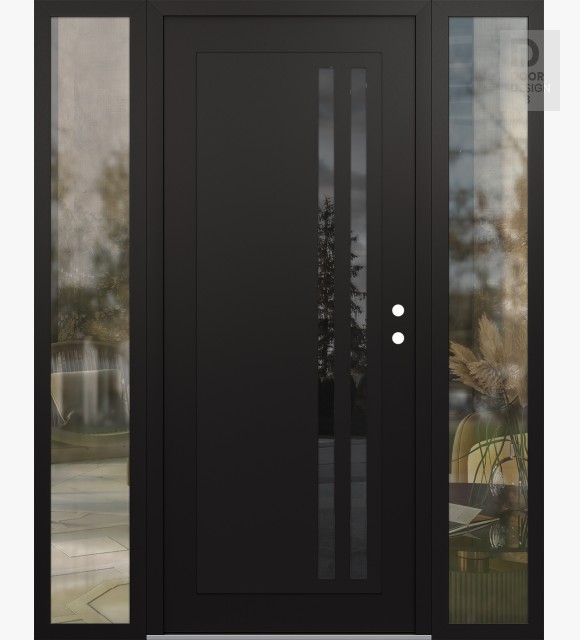 Modern Steel Front Door Diamond C6 68" x 80" black/black mirrored Glass Panel black LHI with 2 Sidelites clear Glass
