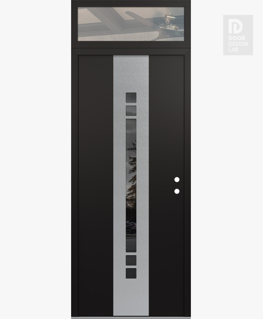 Modern Steel Front Door DIAMOND A4 36" X 96" BLACK/BLACK MIRRORED GLASS PANEL STAINLESS STEEL LHI WITH TRANSOM CLEAR GLASS