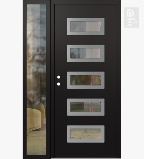 Modern Steel Front Door Diamond D1 48" x 80" black/black clear Glass Panel stainless steel RHI with Sidelite clear Glass