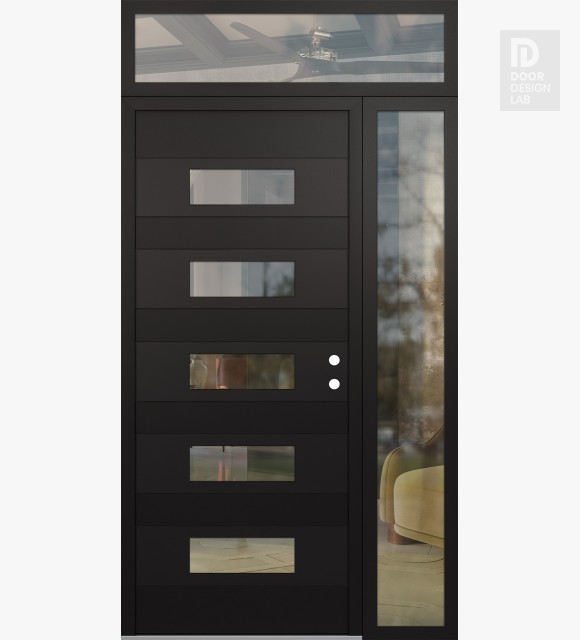 Modern Steel Front Door Diamond D5 52" x 96" black/black clear Glass Panel black LHI with Sidelite and Transom clear Glass